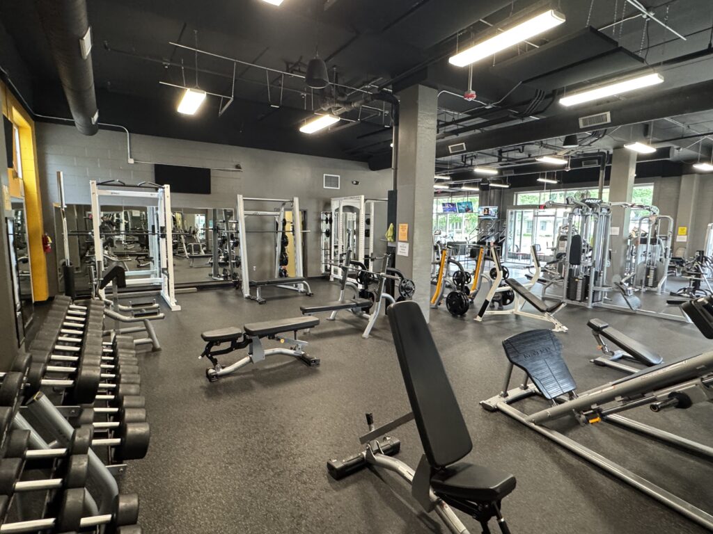 Free Weights at Fifth Street Fitness Gym in Coralville, Iowa. In the corner.