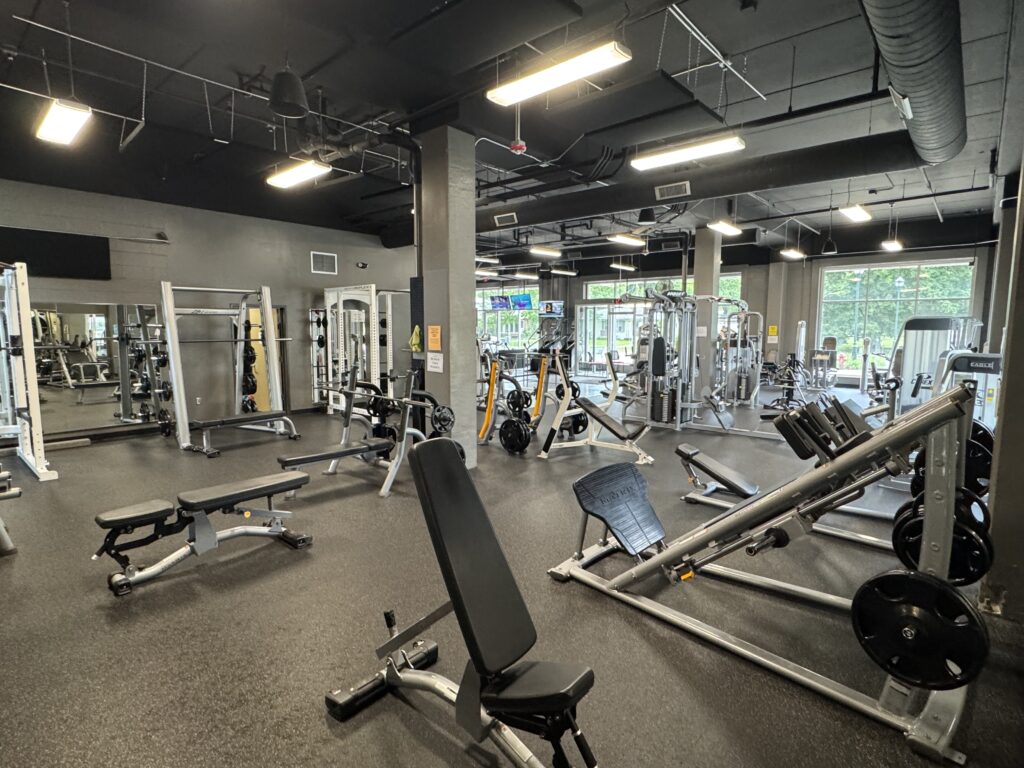 Free Weights at Fifth Street Fitness Gym in Coralville, Iowa. From the corner.