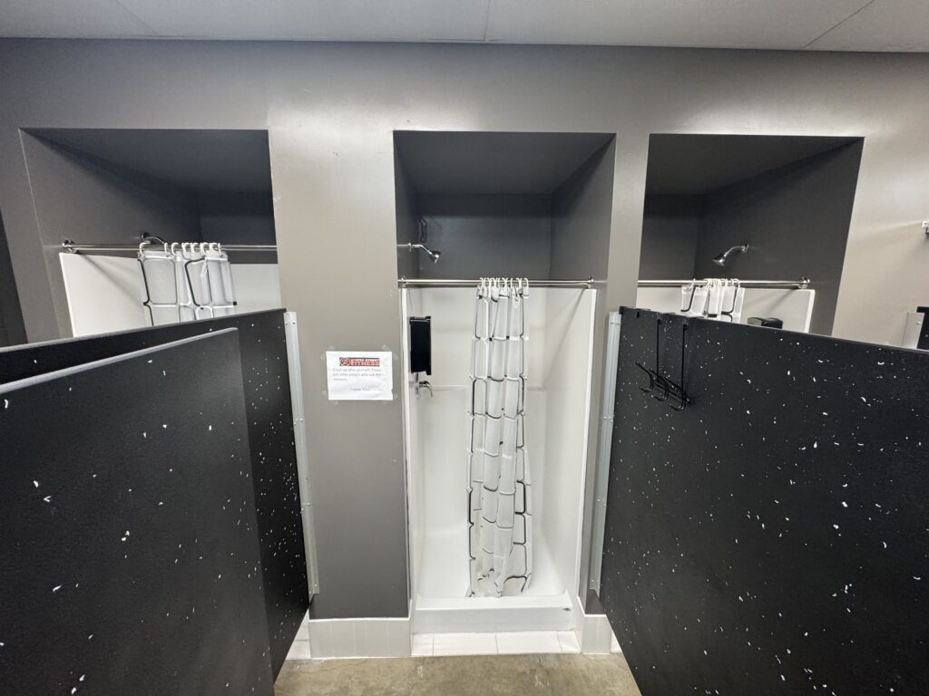 Middle shower at Fifth Street Fitness Gym in Coralville, Iowa.