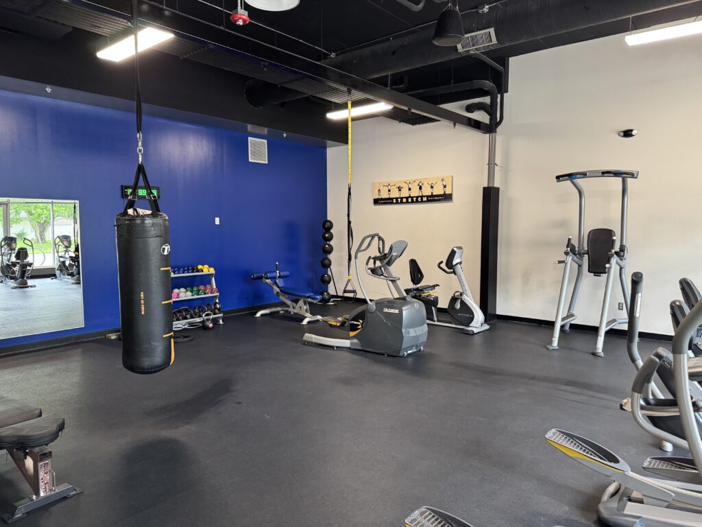 Punching bag and other equipment at Fifth Street Fitness Gym in Coralville, Iowa.